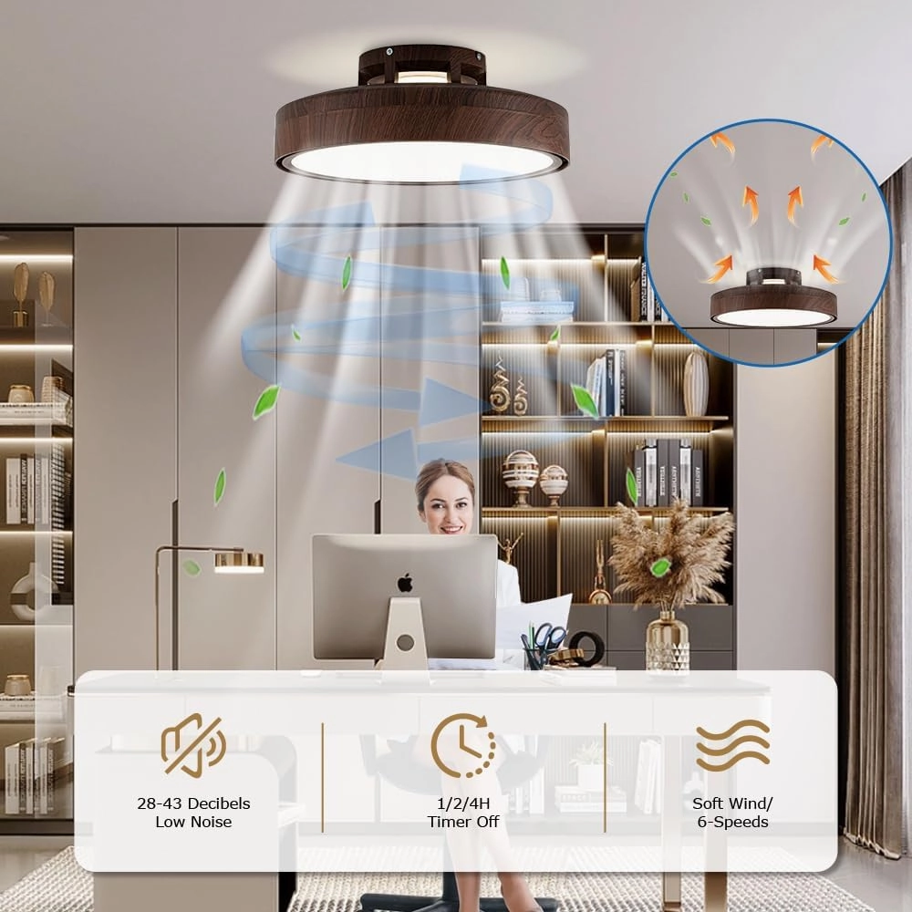 Ceiling Fans with Lights and Remote, Flush Mount Modern Bladeless Ceiling Fan with Light, 6 Speeds, Stepless dimming and CCT 3000K-6000K LED Lights for Bedroom, Study Room (Walnut, 20.1)