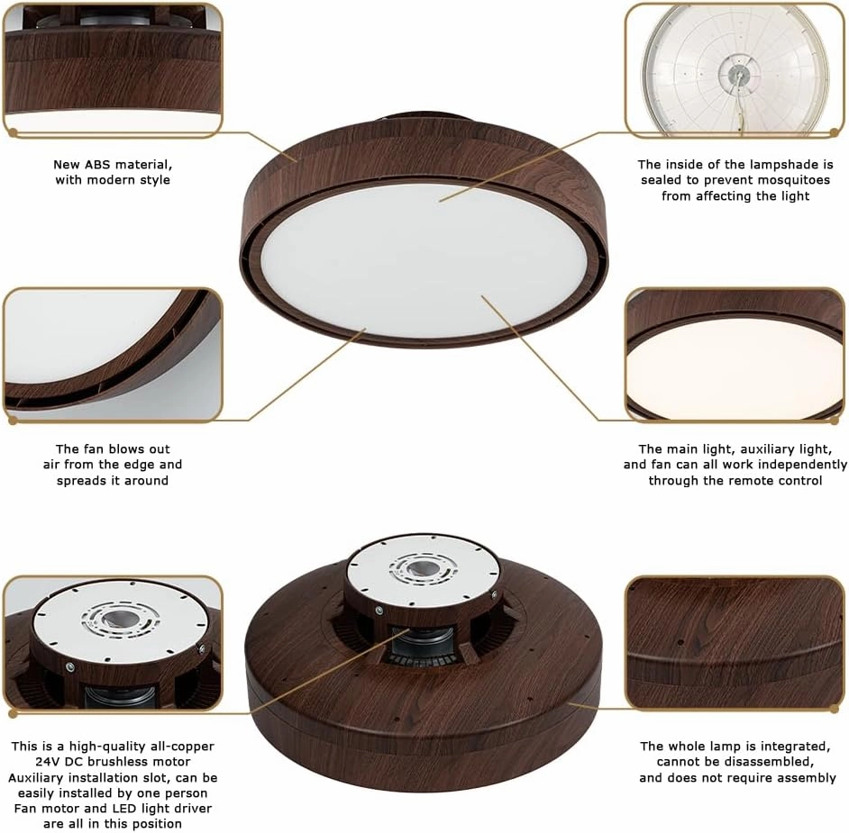 Ceiling Fans with Lights and Remote, Flush Mount Modern Bladeless Ceiling Fan with Light, 6 Speeds, Stepless dimming and CCT 3000K-6000K LED Lights for Bedroom, Study Room (Walnut, 20.1)