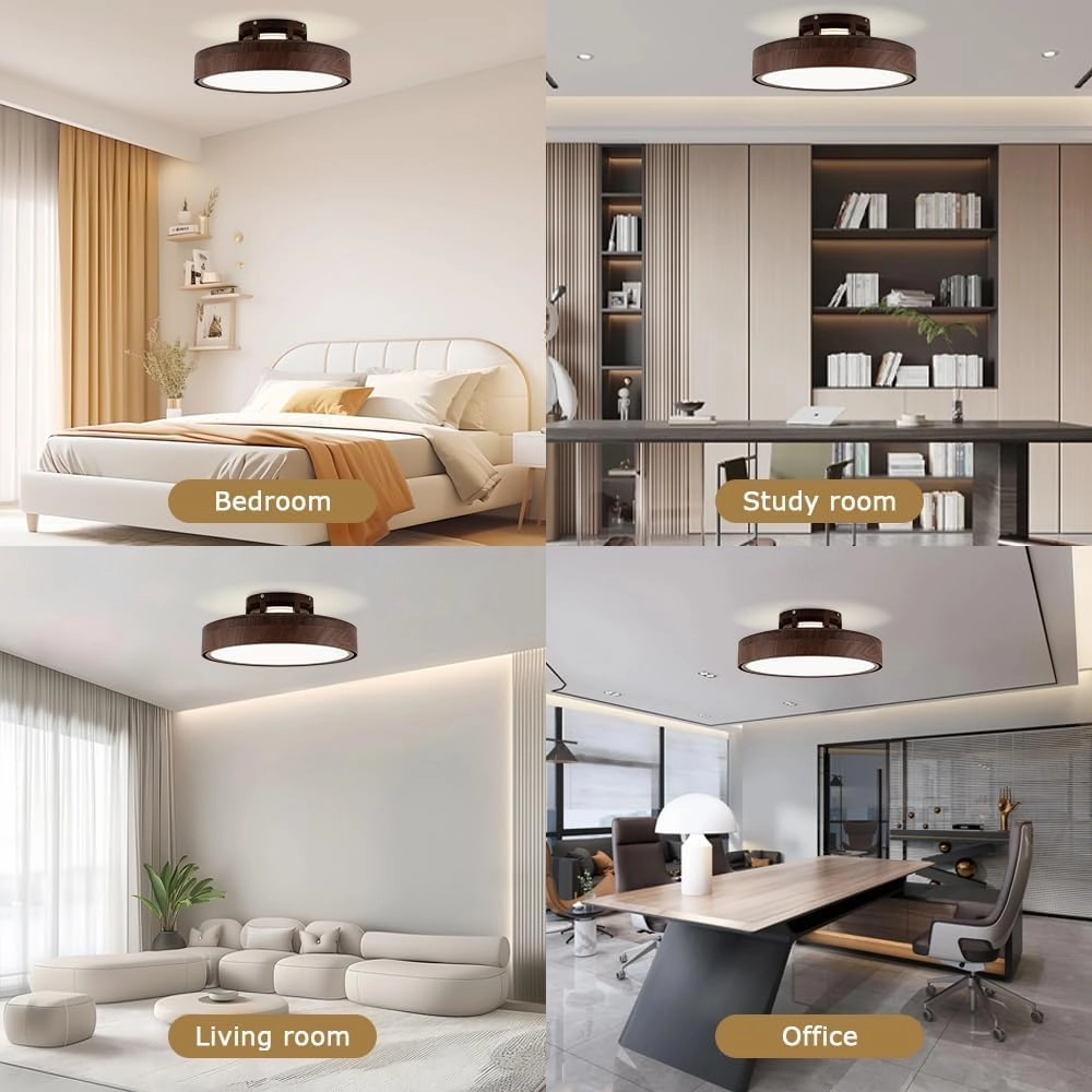 Ceiling Fans with Lights and Remote, Flush Mount Modern Bladeless Ceiling Fan with Light, 6 Speeds, Stepless dimming and CCT 3000K-6000K LED Lights for Bedroom, Study Room (Walnut, 20.1)