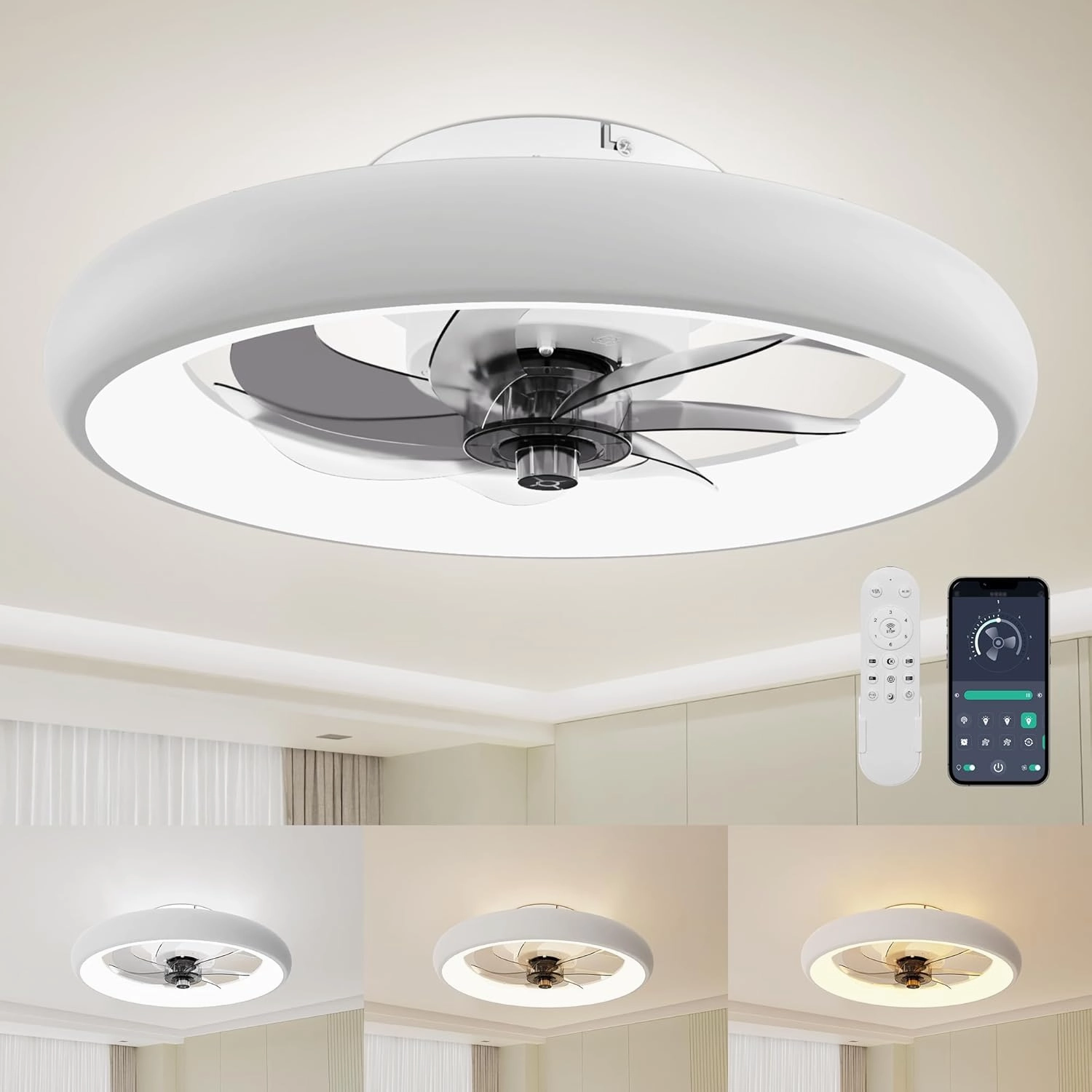 Ceiling Fans with Lights and Remote, Low Profile Ceiling Fan with Lights, 20'' Flush Mount Ceiling Fan, Stepless Color Temperature, 6 Speeds, Modern Smart Ceiling Fan for Bedroom/Living Room/Kitchen App-controlled remote fan for convenience