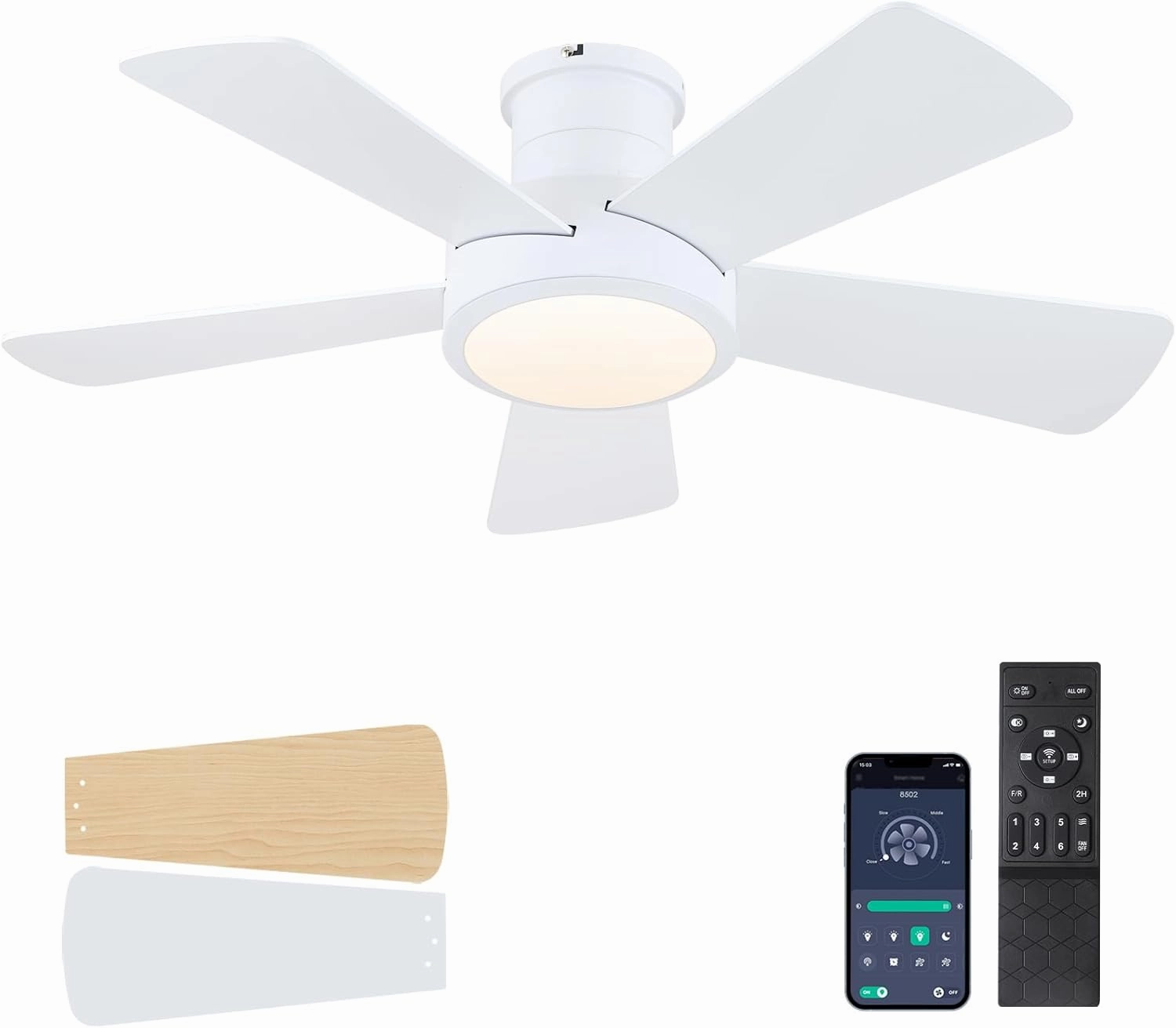 Ceiling Fans with Lights,Modern Low Profile Ceiling Fan with Light and Remote Control,5 Dual-Sided Blades,Reversible DC Motor,40" White Small Flush Mount Ceiling Fan for Bedroom Indoor/Outdoor Use App-controlled remote fan for convenience