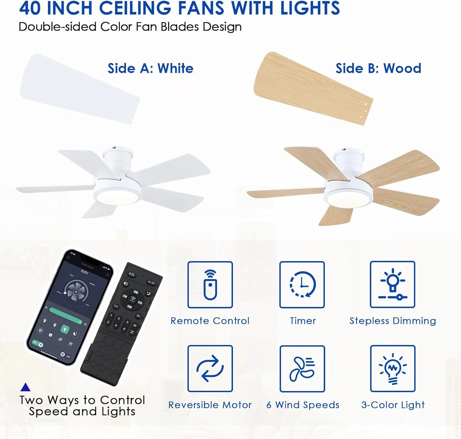 Ceiling Fans with Lights,Modern Low Profile Ceiling Fan with Light and Remote Control,5 Dual-Sided Blades,Reversible DC Motor,40" White Small Flush Mount Ceiling Fan for Bedroom Indoor/Outdoor Use
