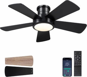 Ceiling Fans with Lights,Modern Low Profile Ceiling Fan with Remote Control,5 Dual-Sided Blades,Reversible DC Motor,40" Black Small Flush Mount Ceiling Fan for Bedroom Indoor/Outdoor Use App-controlled remote fan for convenience