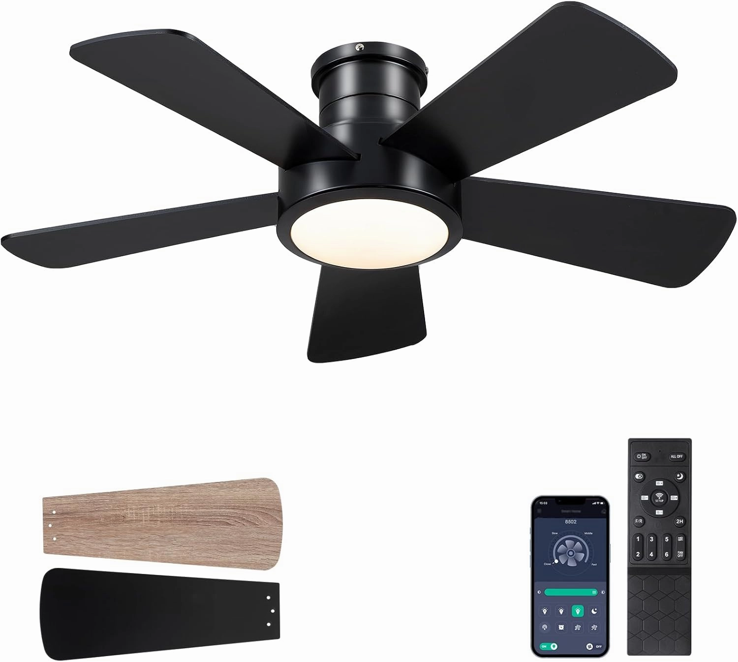 Ceiling Fans with Lights,Modern Low Profile Ceiling Fan with Remote Control,5 Dual-Sided Blades,Reversible DC Motor,40" Black Small Flush Mount Ceiling Fan for Bedroom Indoor/Outdoor Use App-controlled remote fan for convenience