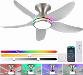 Ceiling Fans with Lights Remote/APP Control, 38" Low Profile Ceiling Fans with Dimmable White Colors RGB Ring Lights, 6 Speeds 5 Reversible Blades for Kids Room Bedroom Living Room, Nickel App-controlled remote fan for convenience