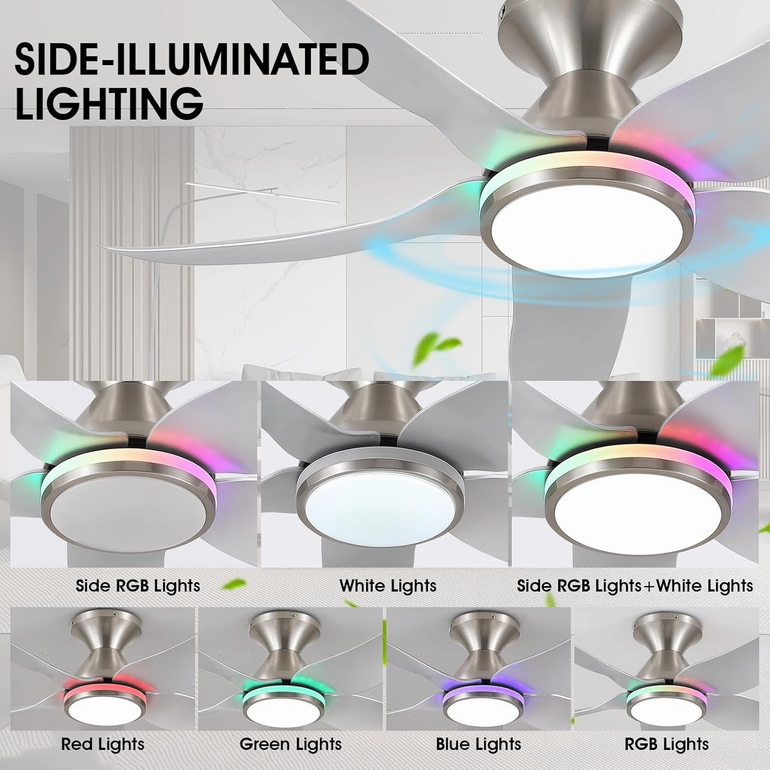 Ceiling Fans with Lights Remote/APP Control, 38" Low Profile Ceiling Fans with Dimmable White Colors RGB Ring Lights, 6 Speeds 5 Reversible Blades for Kids Room Bedroom Living Room, Nickel