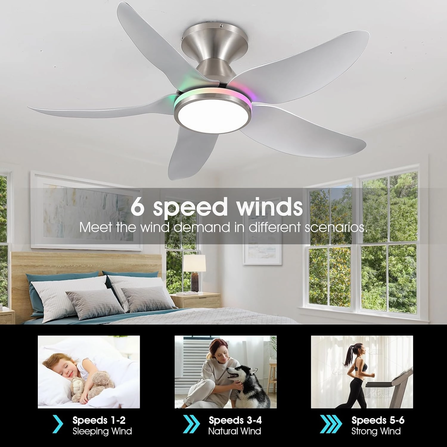 Ceiling Fans with Lights Remote/APP Control, 38" Low Profile Ceiling Fans with Dimmable White Colors RGB Ring Lights, 6 Speeds 5 Reversible Blades for Kids Room Bedroom Living Room, Nickel