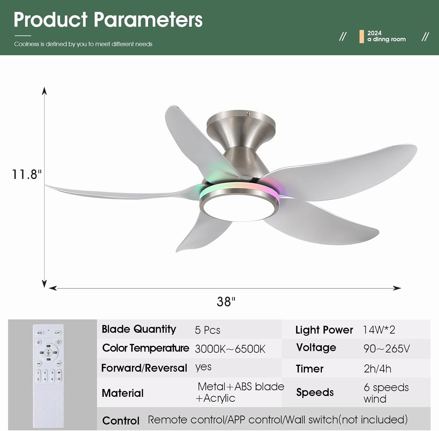 Ceiling Fans with Lights Remote/APP Control, 38" Low Profile Ceiling Fans with Dimmable White Colors RGB Ring Lights, 6 Speeds 5 Reversible Blades for Kids Room Bedroom Living Room, Nickel