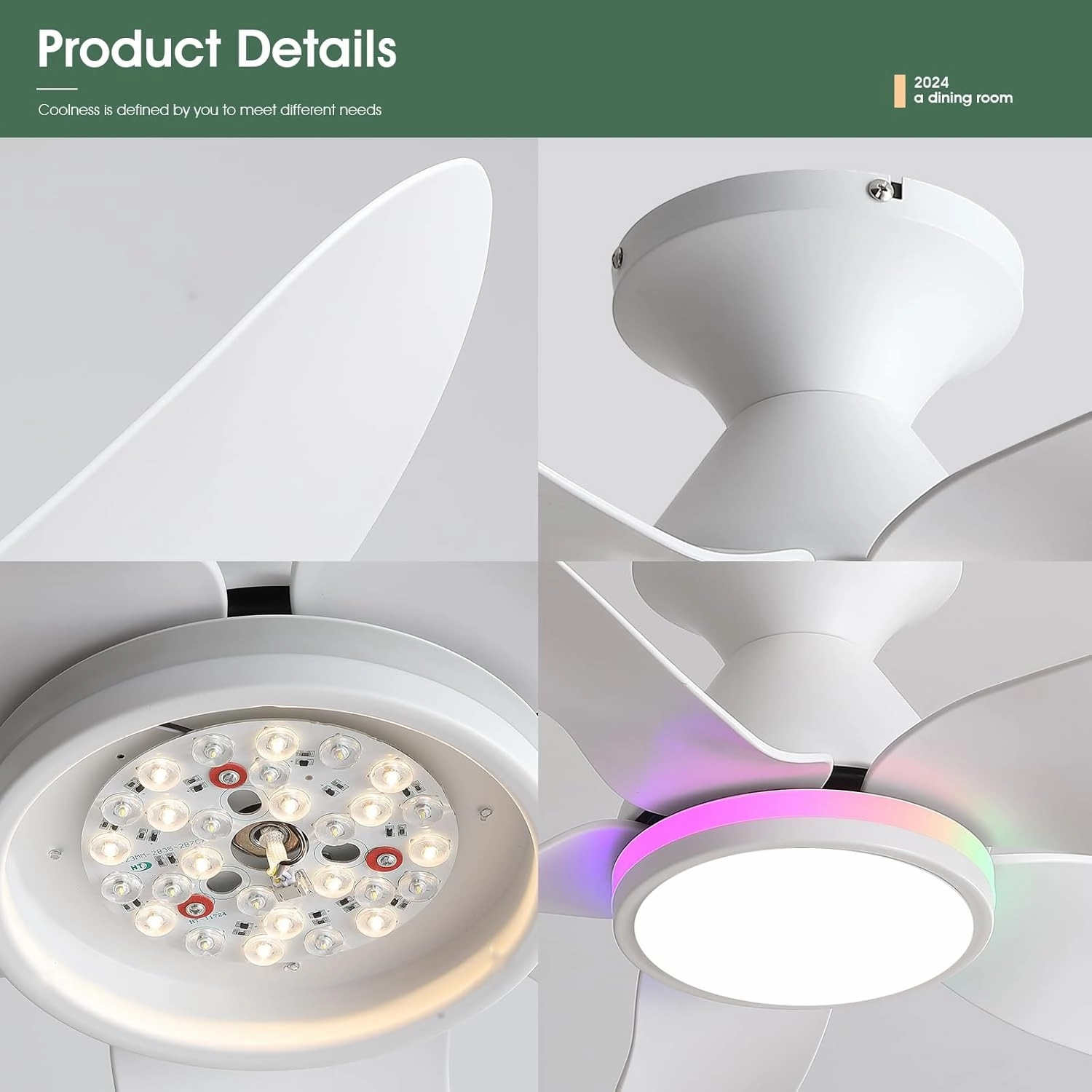 Ceiling Fans with Lights Remote/APP Control, 38" Low Profile Ceiling Fans with Dimmable White Colors Ring RGB Lights, 6 Speeds 5 Reversible Blades for Kids Room Bedroom Living Room, White
