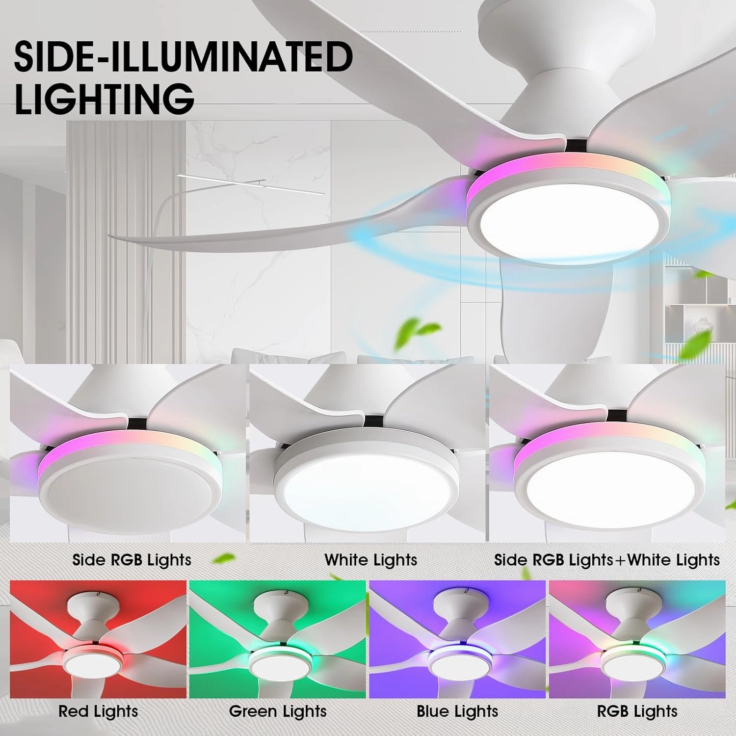Ceiling Fans with Lights Remote/APP Control, 38" Low Profile Ceiling Fans with Dimmable White Colors Ring RGB Lights, 6 Speeds 5 Reversible Blades for Kids Room Bedroom Living Room, White