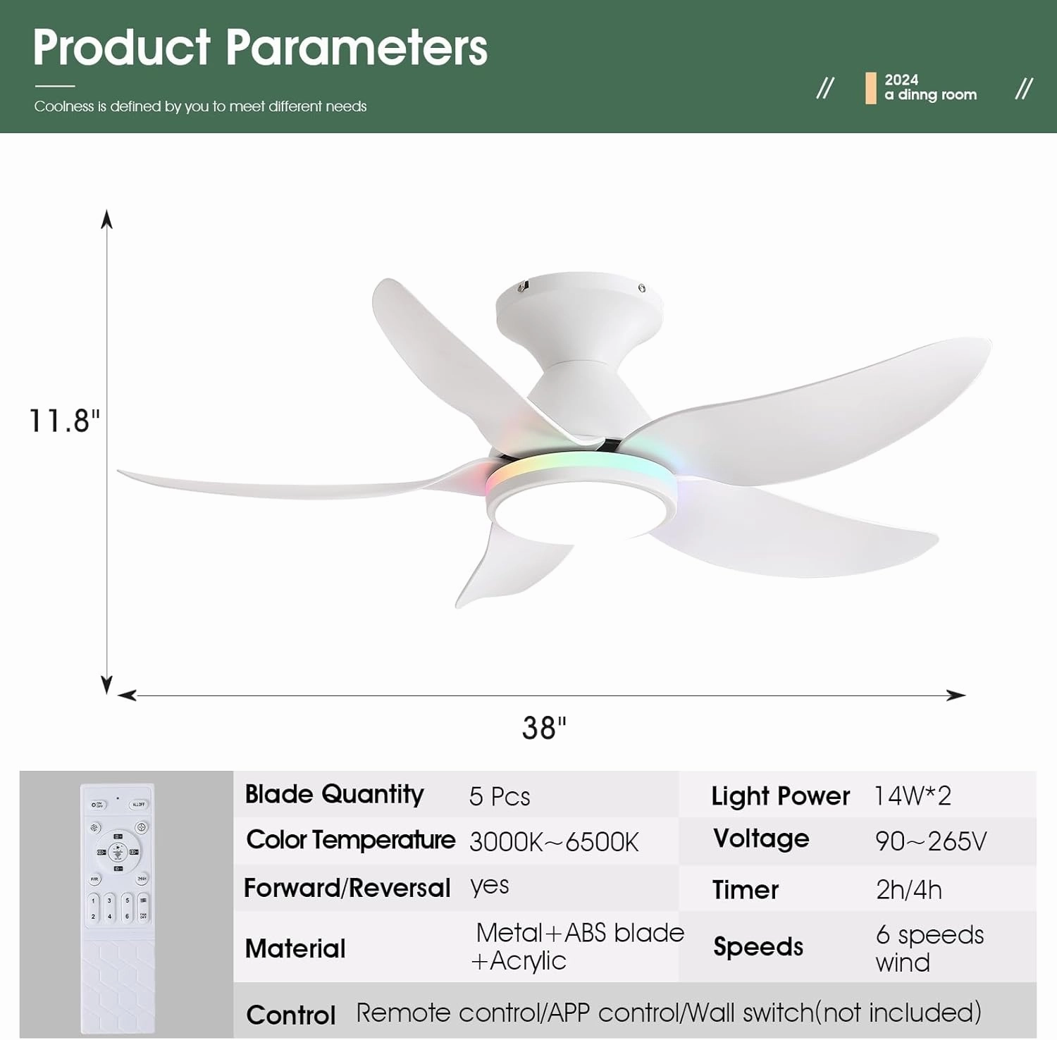 Ceiling Fans with Lights Remote/APP Control, 38" Low Profile Ceiling Fans with Dimmable White Colors Ring RGB Lights, 6 Speeds 5 Reversible Blades for Kids Room Bedroom Living Room, White