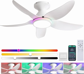 Ceiling Fans with Lights Remote/APP Control, 38" Low Profile Ceiling Fans with Dimmable White Colors Ring RGB Lights, 6 Speeds 5 Reversible Blades for Kids Room Bedroom Living Room, White App-controlled remote fan for convenience