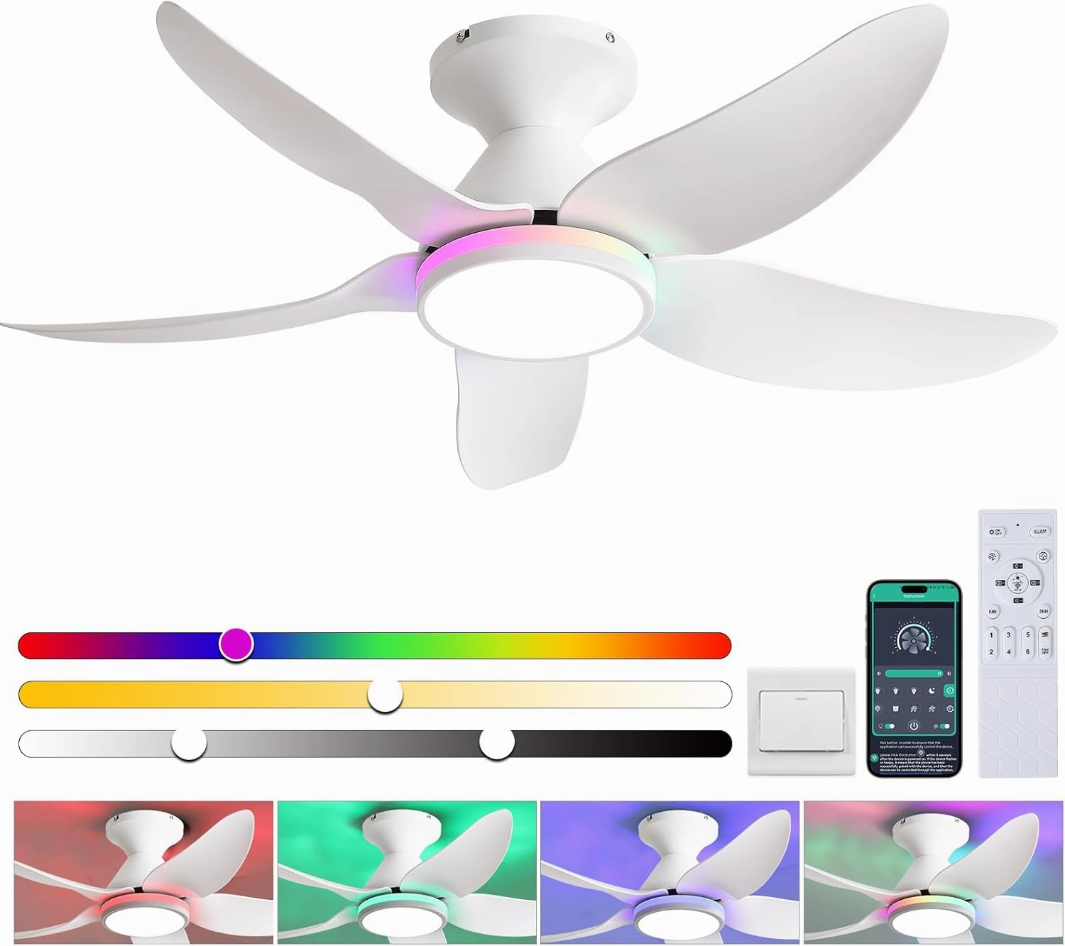 Ceiling Fans with Lights Remote/APP Control, 38" Low Profile Ceiling Fans with Dimmable White Colors Ring RGB Lights, 6 Speeds 5 Reversible Blades for Kids Room Bedroom Living Room, White App-controlled remote fan for convenience