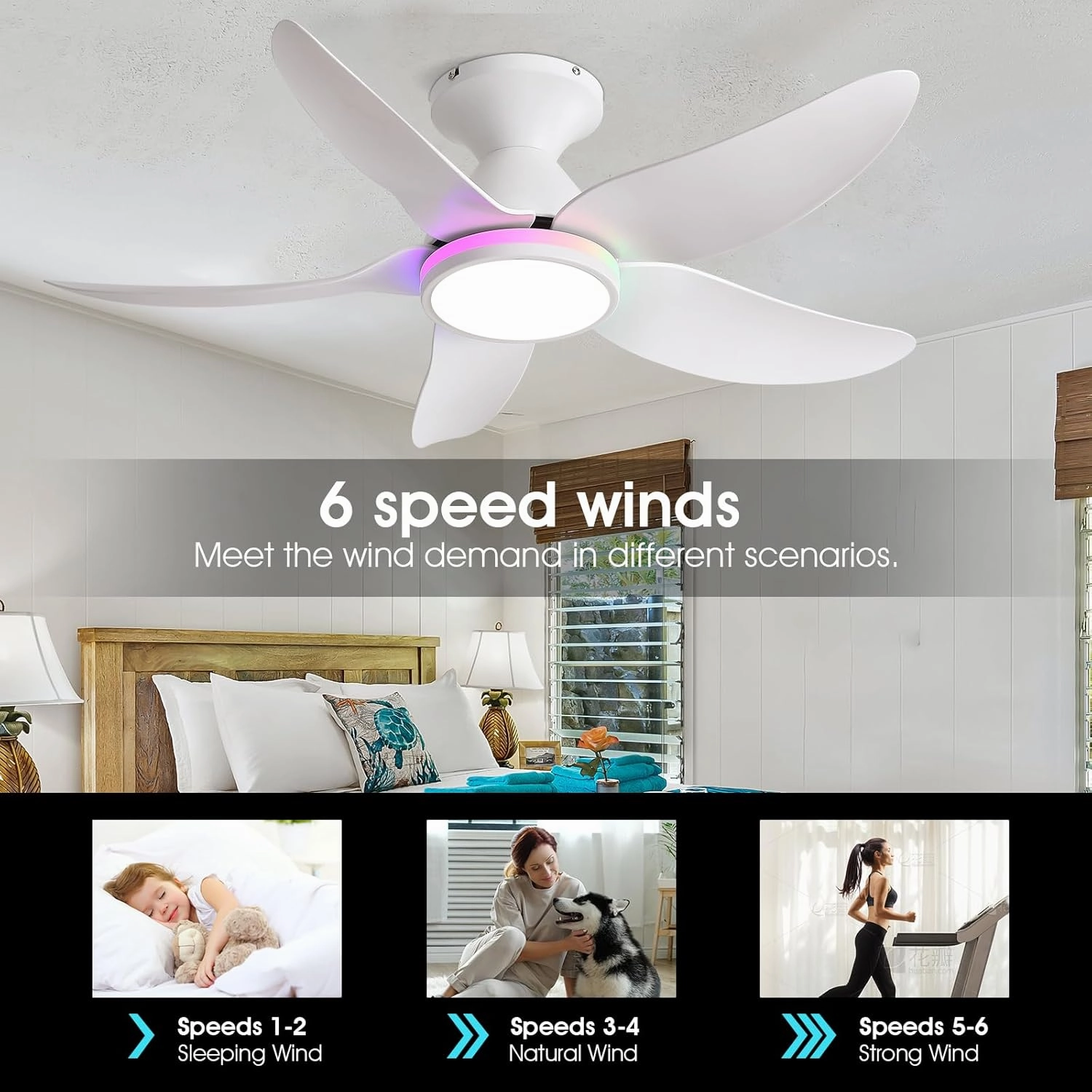 Ceiling Fans with Lights Remote/APP Control, 38" Low Profile Ceiling Fans with Dimmable White Colors Ring RGB Lights, 6 Speeds 5 Reversible Blades for Kids Room Bedroom Living Room, White