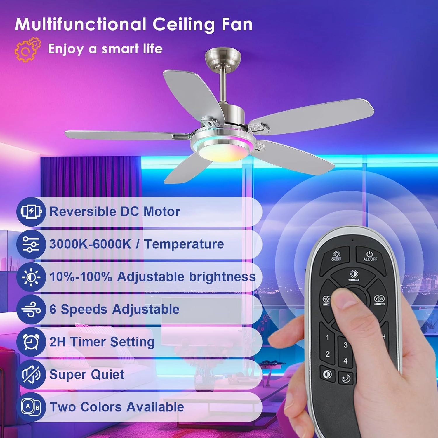 Ceiling Fans with Lights Remote/APP Control, 50" RGB Low Profile Ceiling Fan with Dimmable LED Colorful Light,Flush Mount,6 Speeds 5 Reversible Blades for Bedroom,Living Room, Nickel