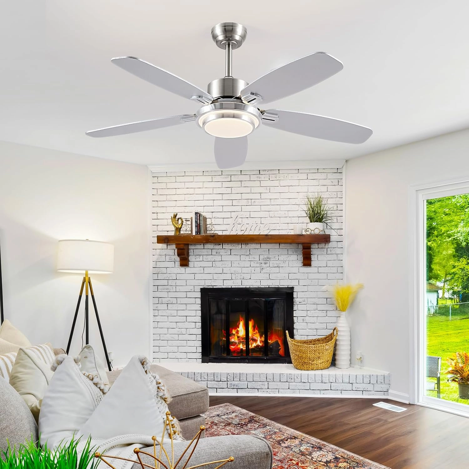 Ceiling Fans with Lights Remote/APP Control, 50" RGB Low Profile Ceiling Fan with Dimmable LED Colorful Light,Flush Mount,6 Speeds 5 Reversible Blades for Bedroom,Living Room, Nickel