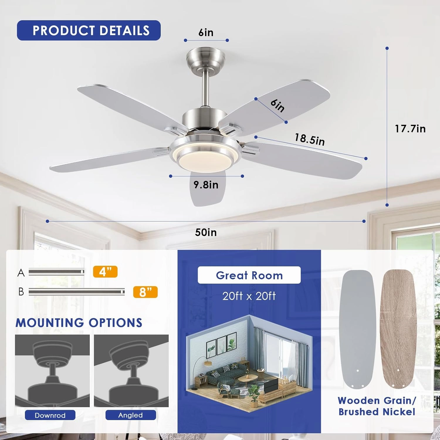 Ceiling Fans with Lights Remote/APP Control, 50" RGB Low Profile Ceiling Fan with Dimmable LED Colorful Light,Flush Mount,6 Speeds 5 Reversible Blades for Bedroom,Living Room, Nickel