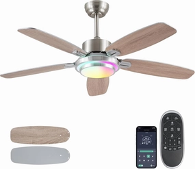 Ceiling Fans with Lights Remote/APP Control, 50" RGB Low Profile Ceiling Fan with Dimmable LED Colorful Light,Flush Mount,6 Speeds 5 Reversible Blades for Bedroom,Living Room, Nickel App-controlled remote fan for convenience