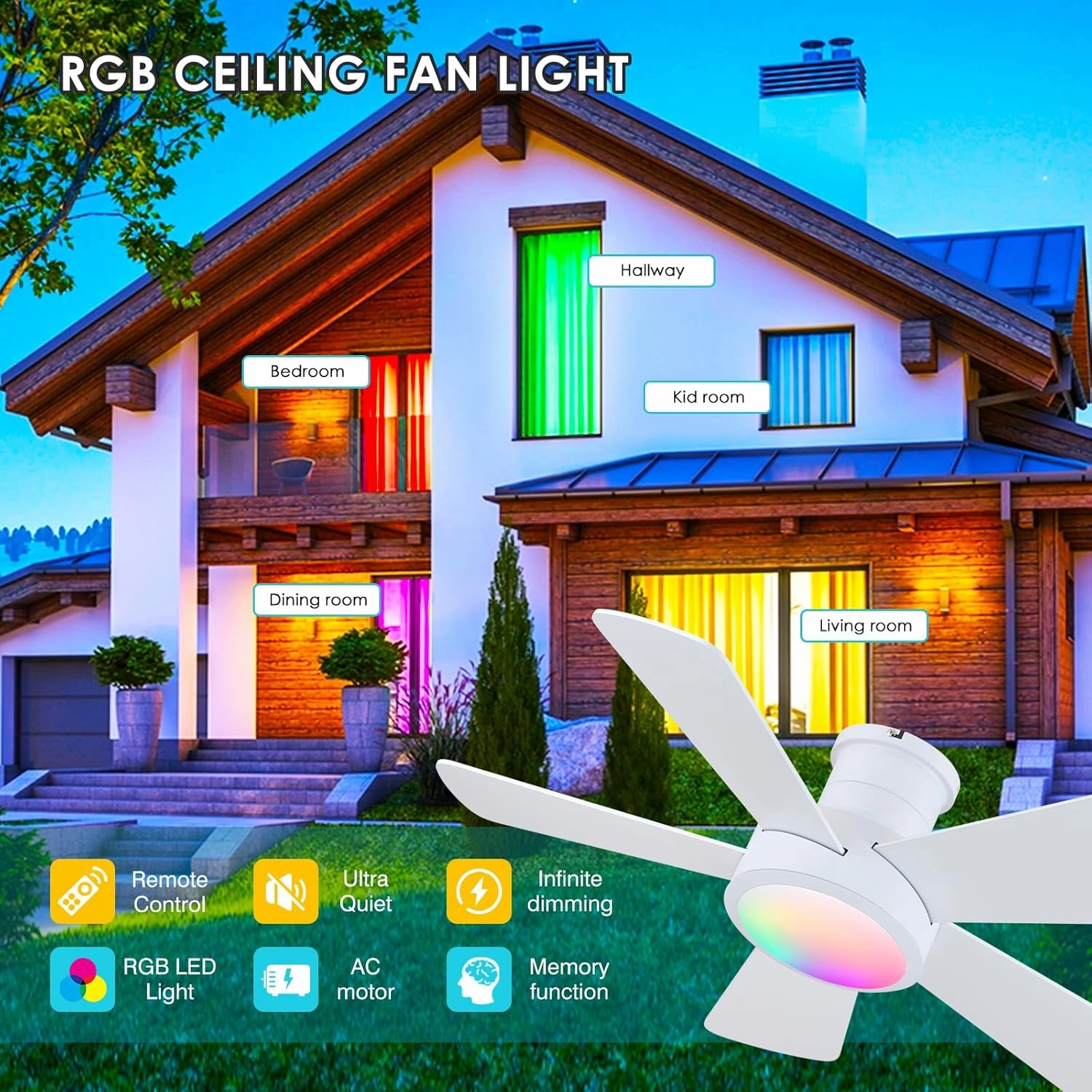 Ceiling Fans with RGB LED Lights, Modern Low Profile Ceiling Fan with Light and Remote Control,5 Dual-Sided Blades,Reversible DC Motor, 40" White RGB Flush Mount Ceiling Fan Lights for Bedroom kidroom