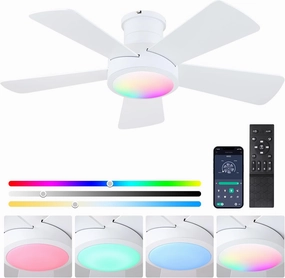 Ceiling Fans with RGB LED Lights, Modern Low Profile Ceiling Fan with Light and Remote Control,5 Dual-Sided Blades,Reversible DC Motor, 40" White RGB Flush Mount Ceiling Fan Lights for Bedroom kidroom App-controlled remote fan for convenience
