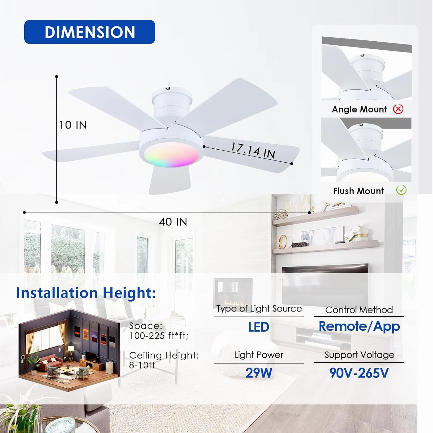 Ceiling Fans with RGB LED Lights, Modern Low Profile Ceiling Fan with Light and Remote Control,5 Dual-Sided Blades,Reversible DC Motor, 40" White RGB Flush Mount Ceiling Fan Lights for Bedroom kidroom