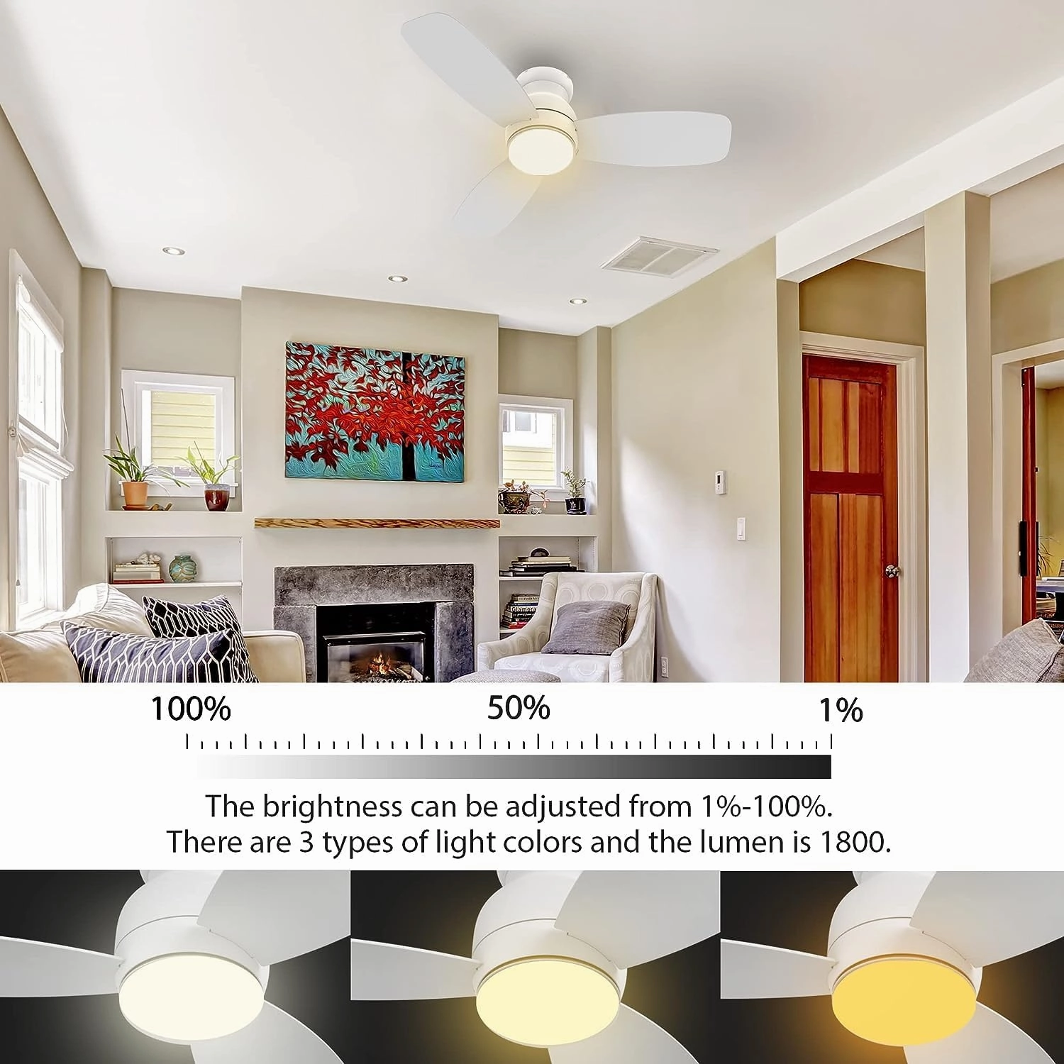 CEME Low Profile Flush Mount Ceiling Fan with Light and Remote Control, Smart Ceiling Fan Compatible with Alexa, Siri, Google Home & APP, 10 Speeds Modern, with Dimmable Light, White and Gold, 44"