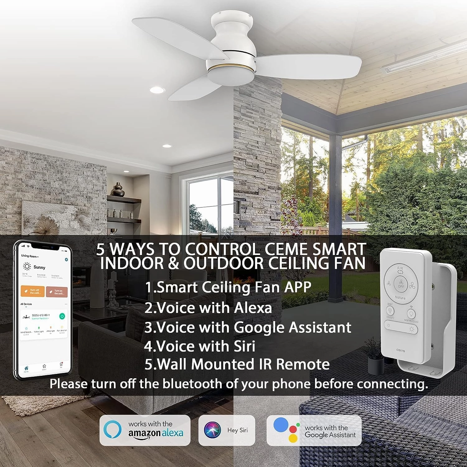 CEME Low Profile Flush Mount Ceiling Fan with Light and Remote Control, Smart Ceiling Fan Compatible with Alexa, Siri, Google Home & APP, 10 Speeds Modern, with Dimmable Light, White and Gold, 44"