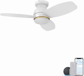 CEME Low Profile Flush Mount Ceiling Fan with Light and Remote Control, Smart Ceiling Fan Compatible with Alexa, Siri, Google Home & APP, 10 Speeds Modern, with Dimmable Light, White and Gold, 44" Voice assistant compatible fan with Alexa and Goog