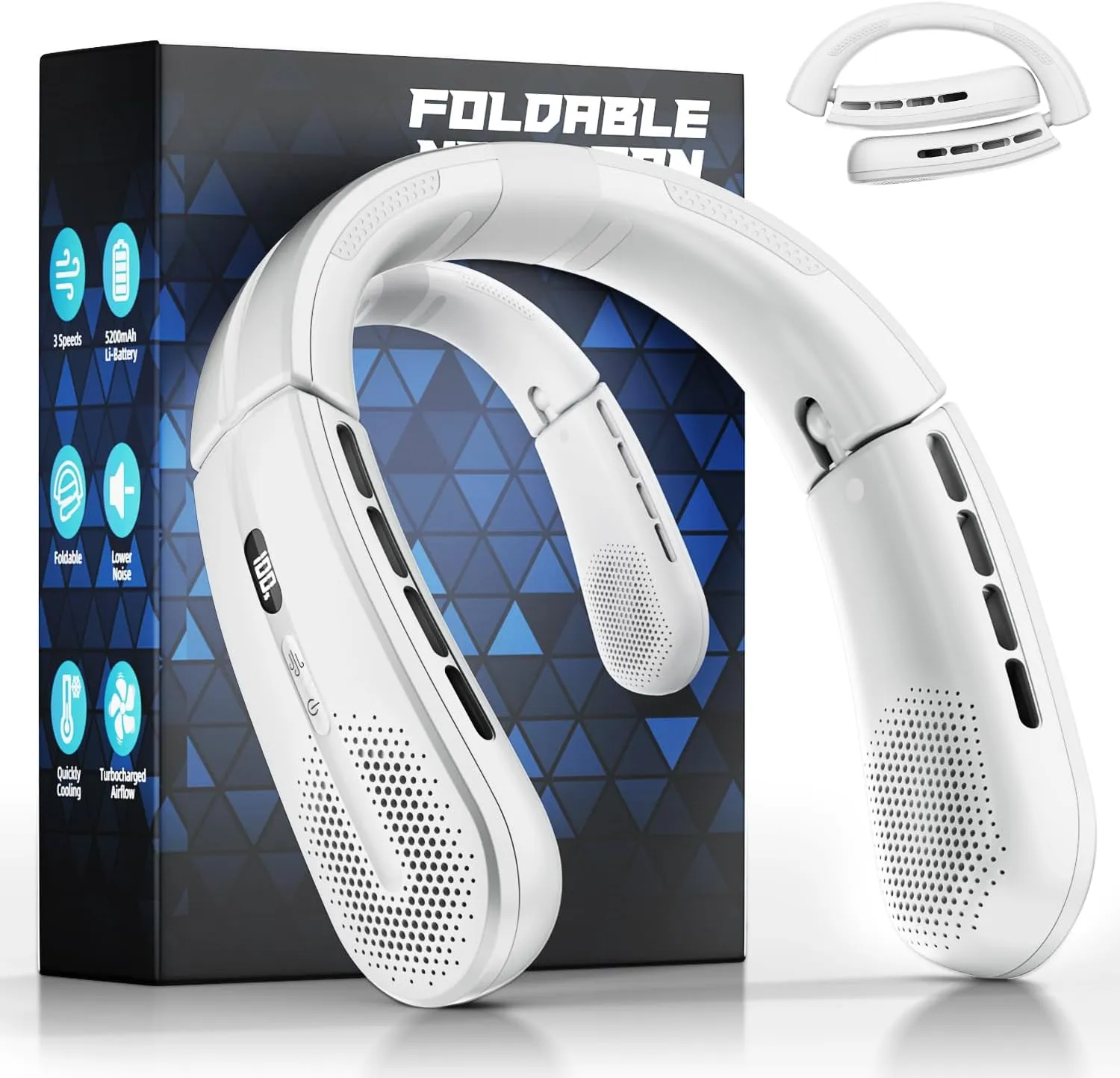 ChillGo Portable Neck Fan - 8400 RPM Enlarged Turbo Airflow - 5200mAh Personal Rechargeable Cooling Wearable Fan - Max 16H, 4 Speeds, Foldable, LED Display - Great Gifts for Men Women - 2nd Gen White Neck fan for hands-free comfort