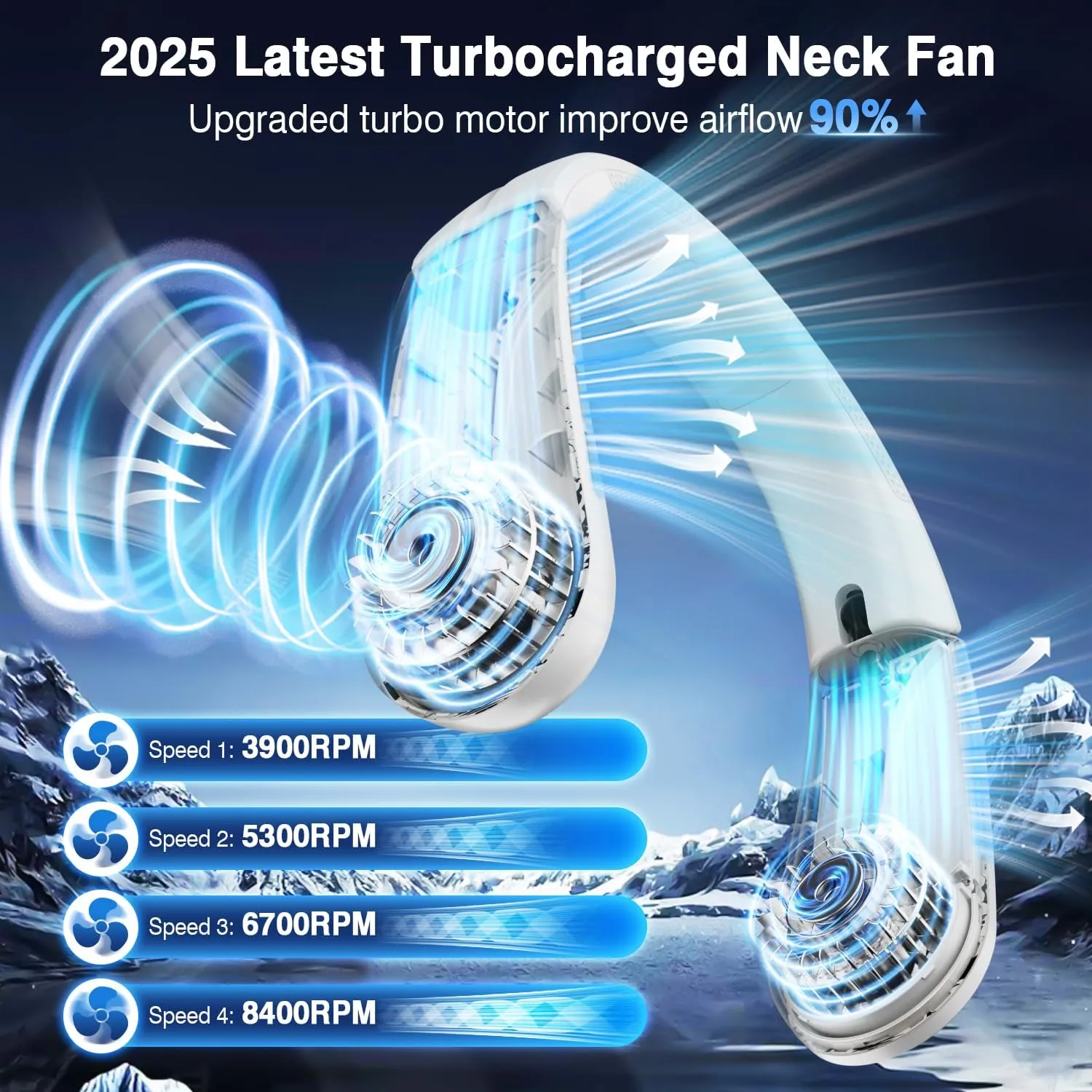ChillGo Portable Neck Fan - 8400 RPM Enlarged Turbo Airflow - 5200mAh Personal Rechargeable Cooling Wearable Fan - Max 16H, 4 Speeds, Foldable, LED Display - Great Gifts for Men Women - 2nd Gen White