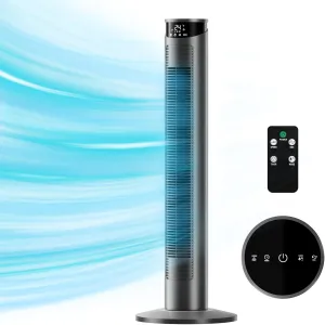 CIH Tower Fan 37 Inch,24ft/s Velocity Quiet Oscillating Bladeless Fan 6 speeds with Remote,4 Modes,LED Display,7.5H Timer,Grey Floor Standing Fan Powerful for Indoor Home Bedroom Office Room Tower bladeless fan for modern homes