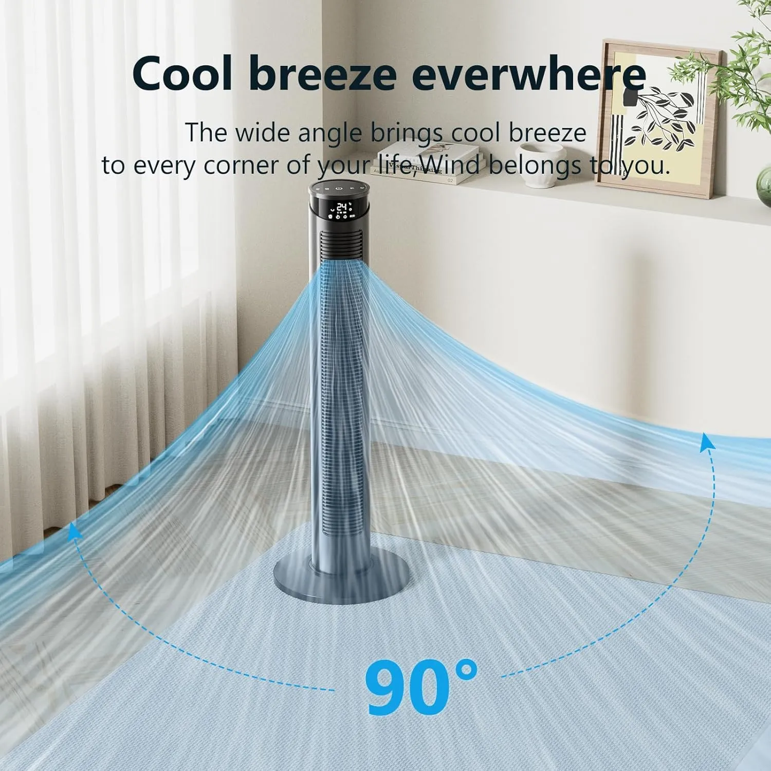CIH Tower Fan 37 Inch,24ft/s Velocity Quiet Oscillating Bladeless Fan 6 speeds with Remote,4 Modes,LED Display,7.5H Timer,Grey Floor Standing Fan Powerful for Indoor Home Bedroom Office Room