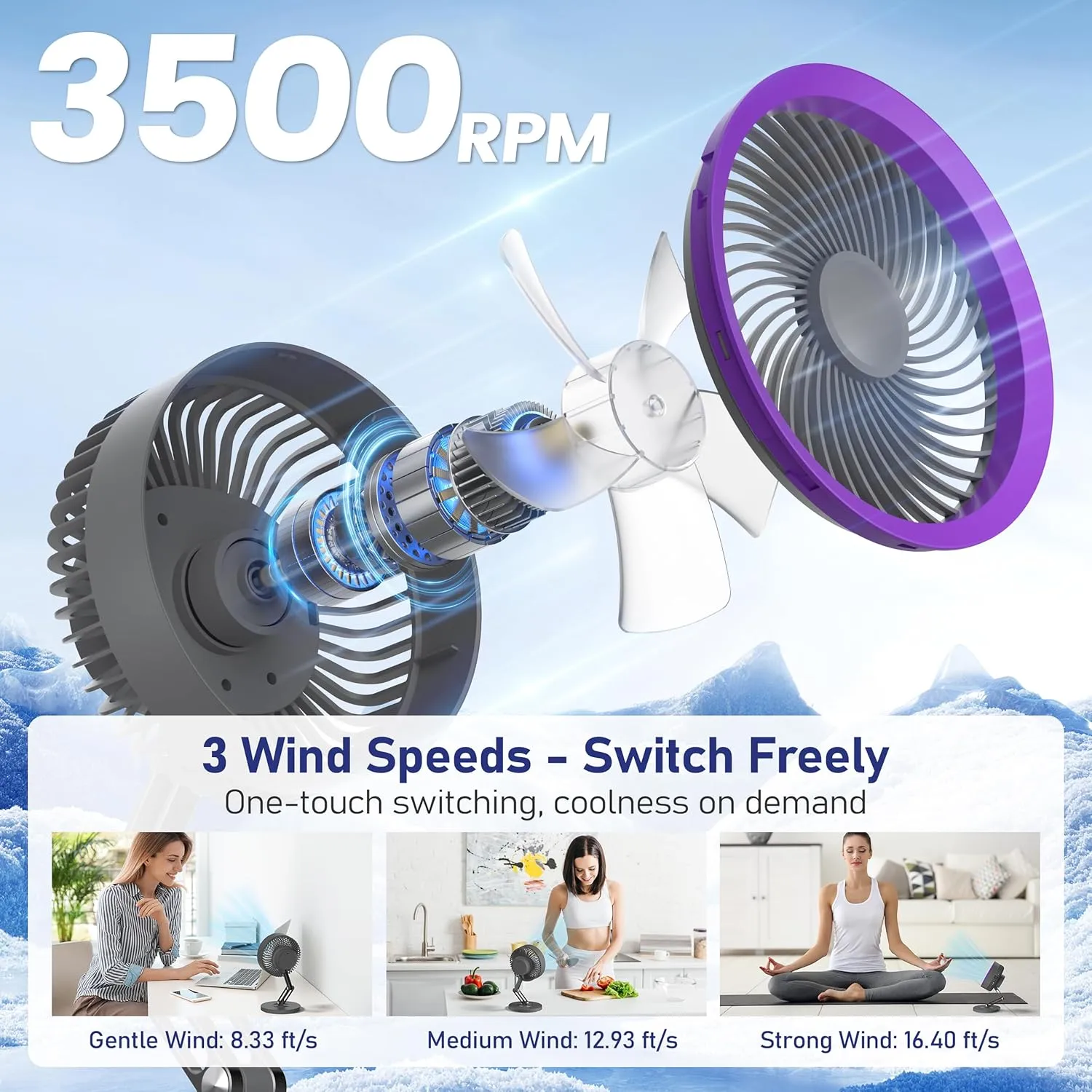 CIVPOWER Desk fan: Small Quiet Table Fan with Metal Stand - 3 Speed 180 Foldable 360 Rotating Adjustable Portable Design - 2000mAh Rechargeable Battery for Bedroom Home Dorm Office Outdoor Gray