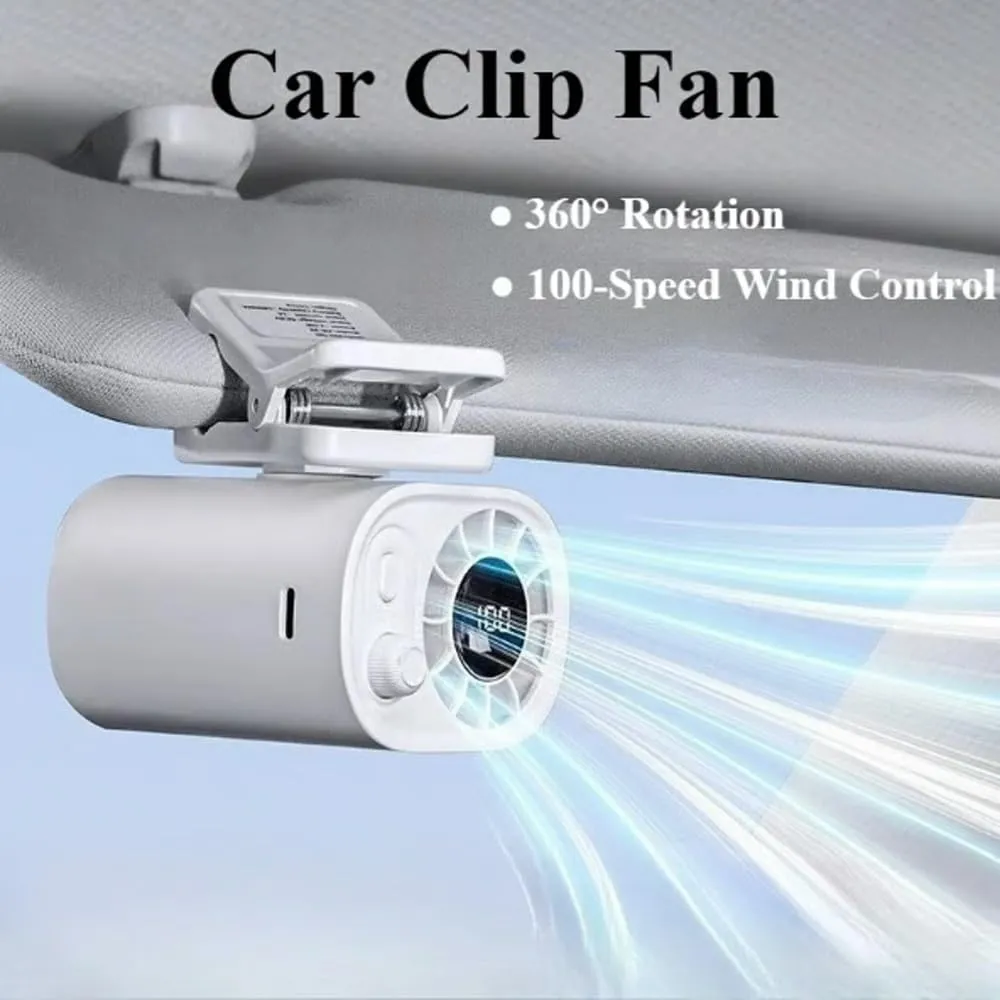 Clip on Car Fan with LED Display for Front/Rear Seat, Portable Quiet Mini Personal Cooling Sun Visor Fan for Vehicle, 360 Rotation,100 Speeds Adjustable,USB Rechargeable,Battery Operated(Beige)