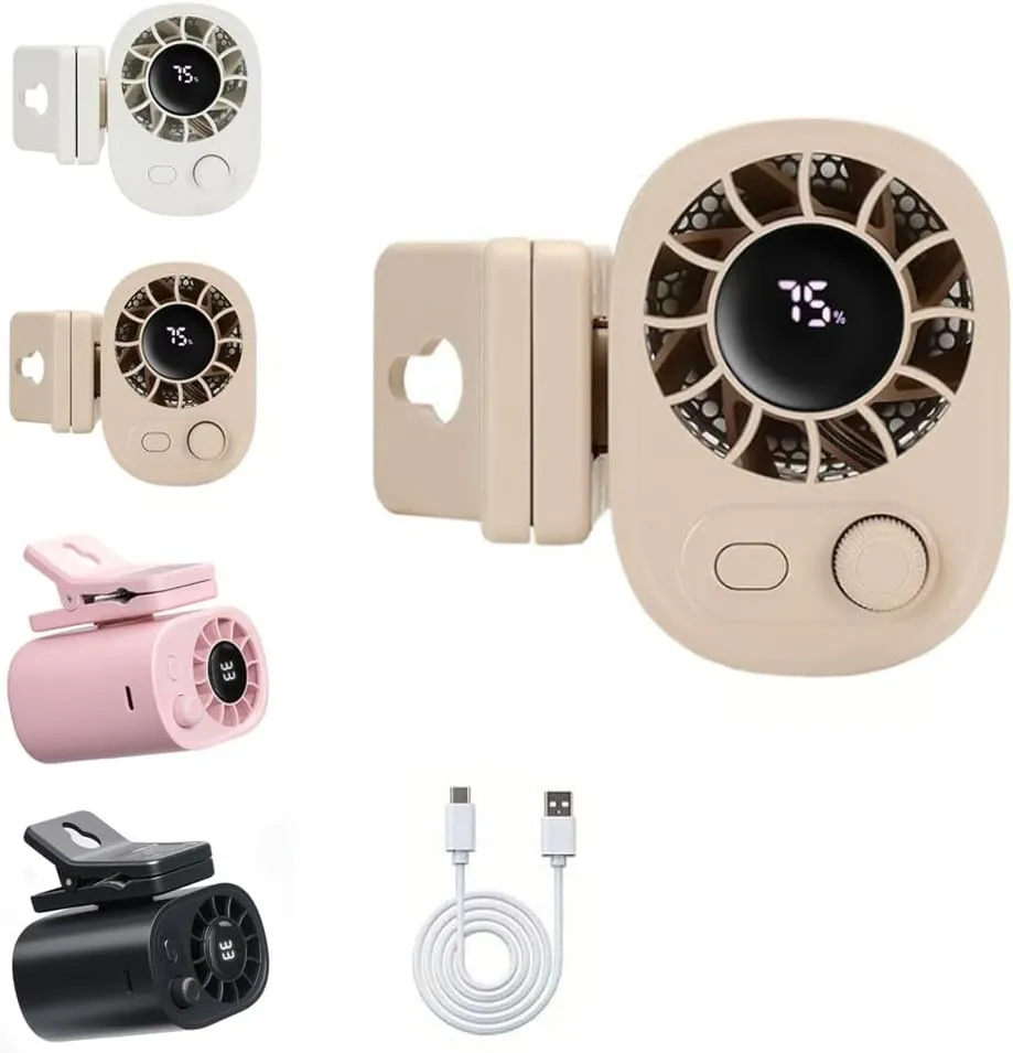 Clip on Car Fan with LED Display for Front/Rear Seat, Portable Quiet Mini Personal Cooling Sun Visor Fan for Vehicle, 360 Rotation,100 Speeds Adjustable,USB Rechargeable,Battery Operated(Beige) 360-degree rotating fan for home use