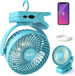 Clip on Fan 65Hrs Camping Fan with LED Light, 12000mAh Battery Operated Fans & PortableFan Rechargeable, Small Desk Fans USB TravelFan for Tent Camping Golf Stroller, Blue Battery-powered portable fan
