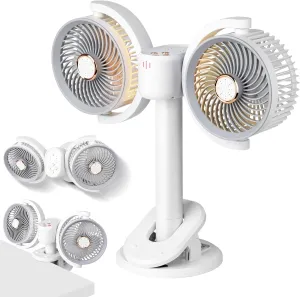 Clip on Fan Dual Head Rechargeable,Portable Desk Fan with LED Lights,Wall Mounted Ultra Silent 360 Rotatable Removable for Car, Table,Bedroom,Office,Camping,Stroller,Treadmill,Travel Outdoor 360-degree rotating fan for home use