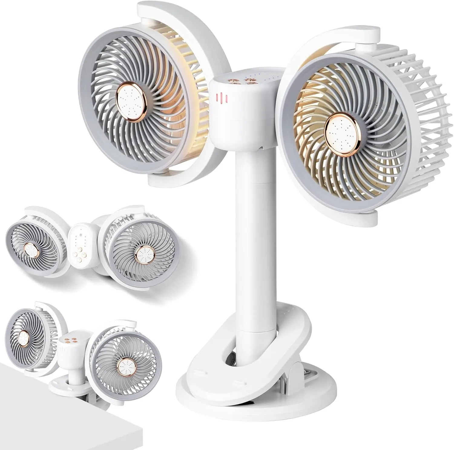 Clip on Fan Dual Head Rechargeable,Portable Desk Fan with LED Lights,Wall Mounted Ultra Silent 360 Rotatable Removable for Car, Table,Bedroom,Office,Camping,Stroller,Treadmill,Travel Outdoor 360-degree rotating fan for home use
