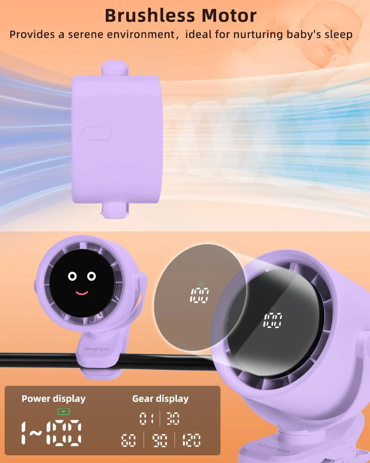 Clip on Fan for Bed, Portable Fan for Travel, Small Powerful 5 Speed Quiet 360 Rotate, Air Turbo Tech & Digital display, For Home Office Stroller Camping (Purple)