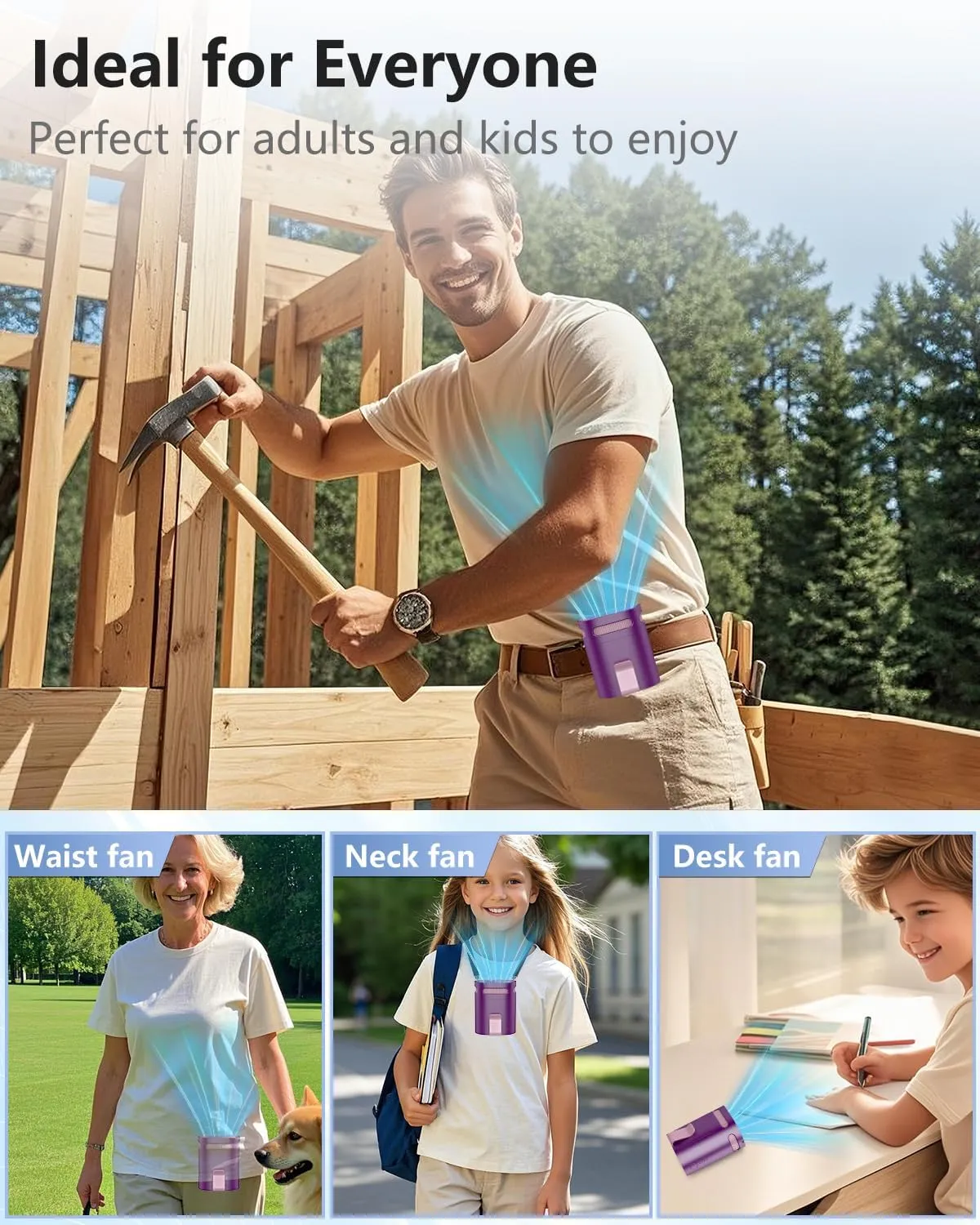 Clip on Fan for Shirt Belt Hip Pants-Compact Portable Waist Fan Rechargeable Long Lasting,Wireless Personal Body Fans that Blow Cold Air,Necklace Lanyard Cool Gadgets for Work Traveling Outdoor Purple