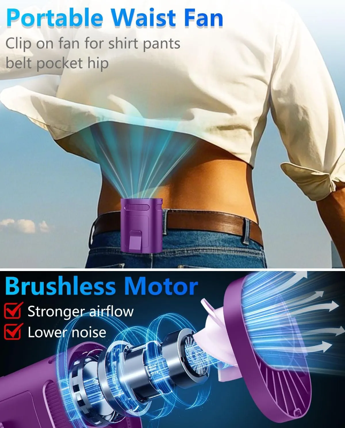 Clip On Fan for Shirt Belt Pants-Mini Lightweight Portable Waist Fan Rechargeable Battery Powered,Hands Free Belt Loop Tshirt Hip Poctet Hard Hat Body Cooler Travel Camping Sports Deep Purple