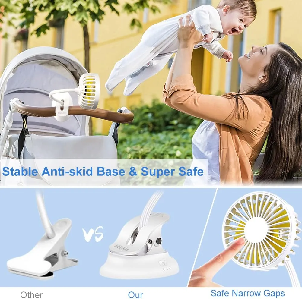 Clip on Fan Small Mini Fan, Portable Usb Battery Operated Fan, Rechargeable Baby Stroller Fan, Quiet Personal Desk Fan 3 Speeds Flexible Neck Great for Bed Office Car Dorm Camping Beach, White