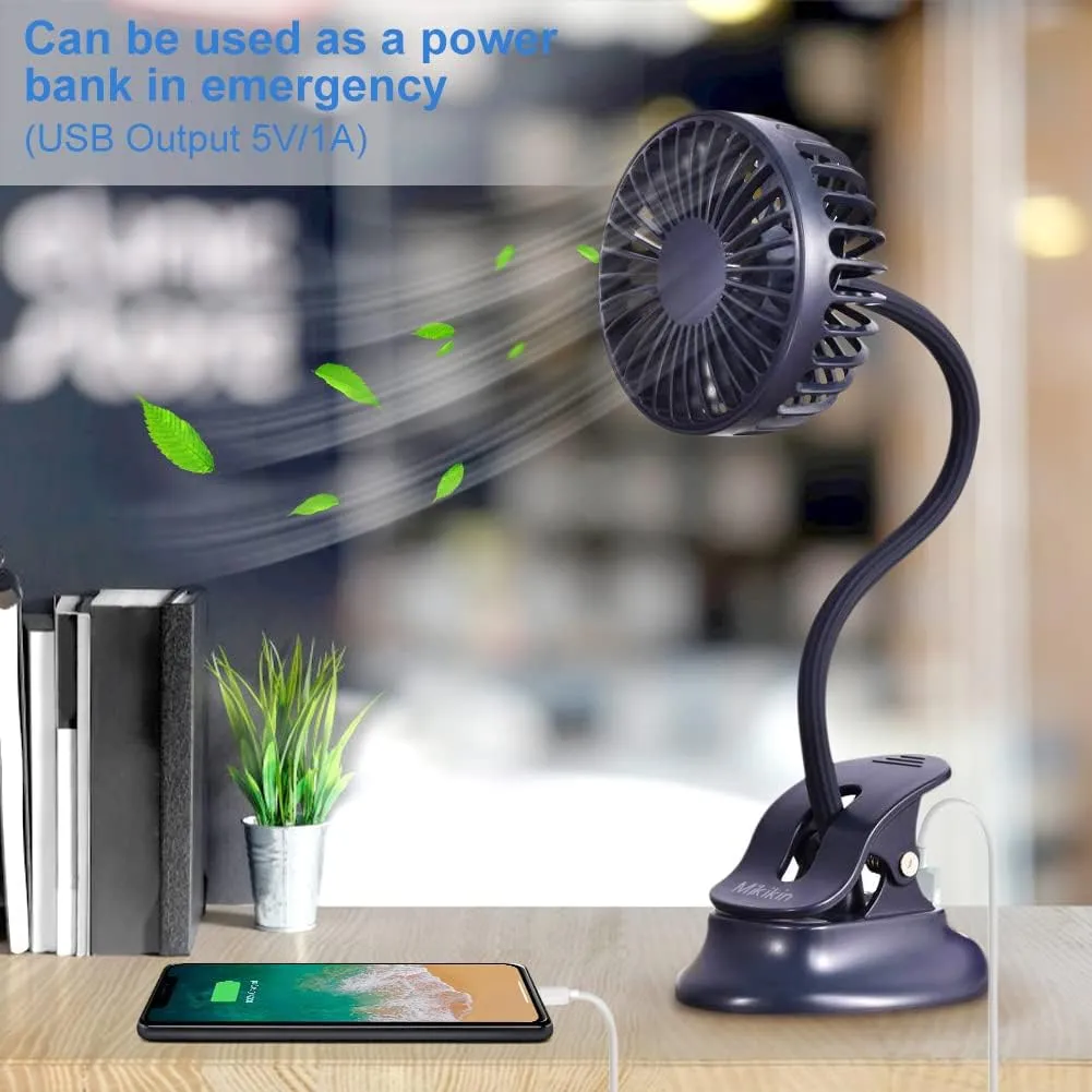 Clip on Small Mini Fan, Portable Usb Battery Operated Rechargeable Quiet Personal Desk/ Baby Stroller Fan 3 Speeds Flexible Neck Great for Bed Office Car Dorm Travel Camping Beach
