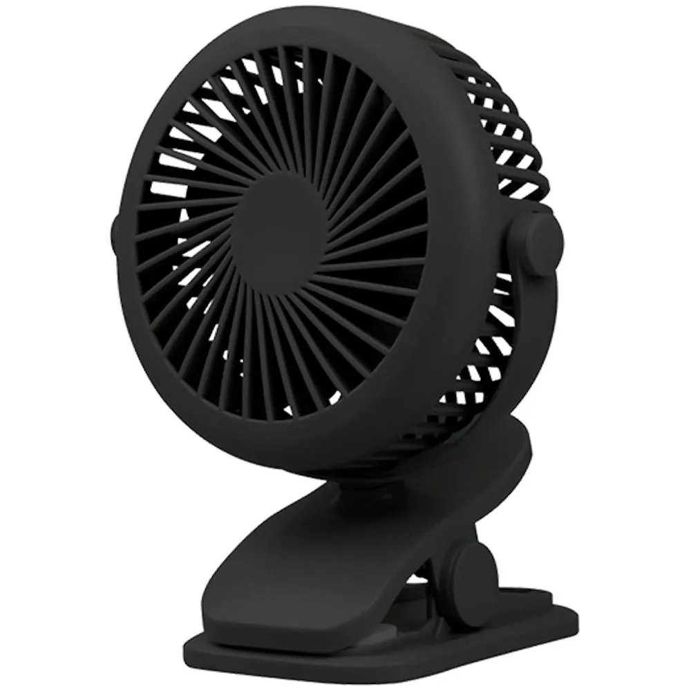 Clip-On Tilt Rechargeable Fan - Black Portable Personal Cooling Device USB Powered Adjustable Speed Quiet Operation Travel Office Home Use quiet usb desktop fan with modern design