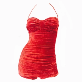 Cole of California Ruched Halter Scarlet Red Velvet Bathing Suit, 1950s