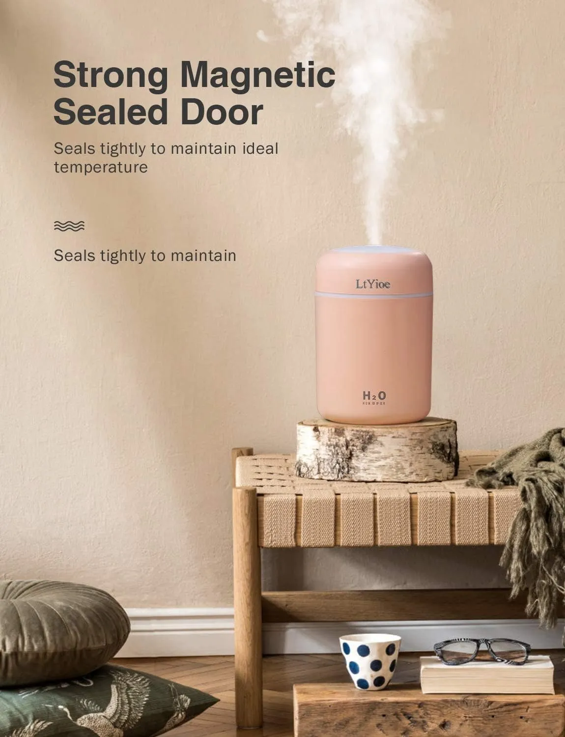 Colorful Cool Mini Humidifier, USB Personal Desktop Humidifier for Car, Office Room, Bedroom,etc. Auto Shut-Off, 2 Mist Modes, Super Quiet. (Pink)