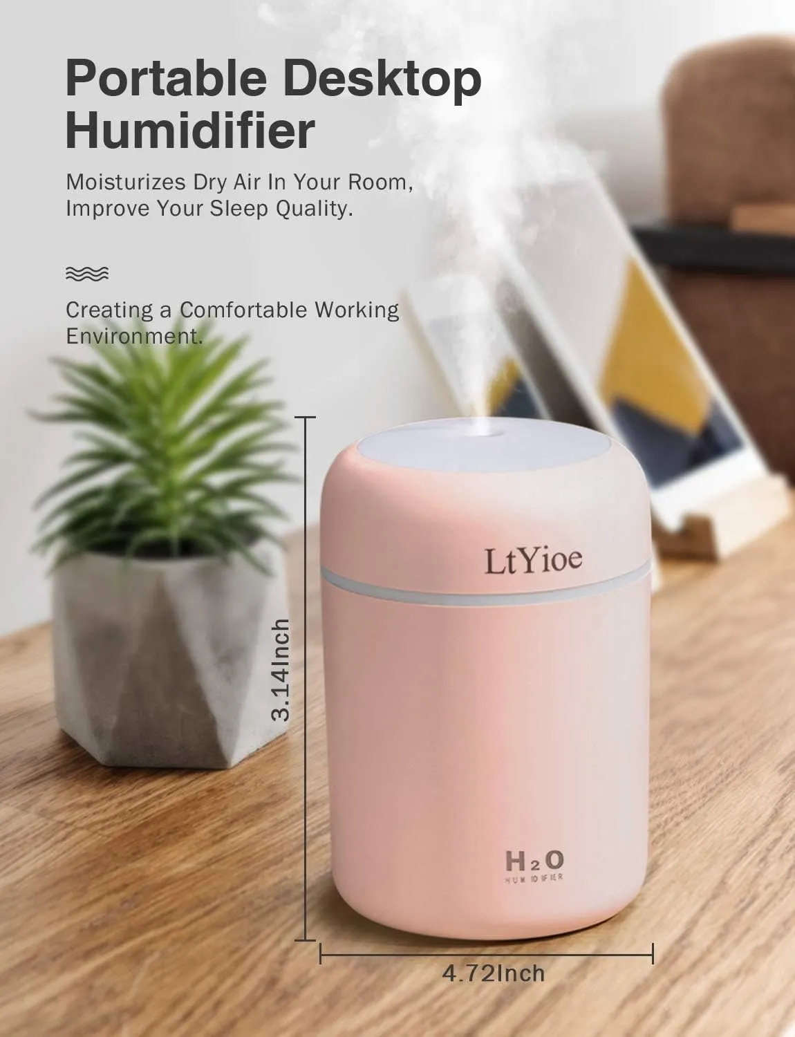 Colorful Cool Mini Humidifier, USB Personal Desktop Humidifier for Car, Office Room, Bedroom,etc. Auto Shut-Off, 2 Mist Modes, Super Quiet. (Pink)