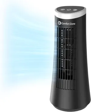 Comfort Zone 12 inch Oscillating Bedroom Fan, Desktop Tower Fan with Electronic Touch Switches, 2 Speed Ultra Slim Design with Carry Handle, Bladeless Stand Fan for Office, Black Desktop fan with humidification feature