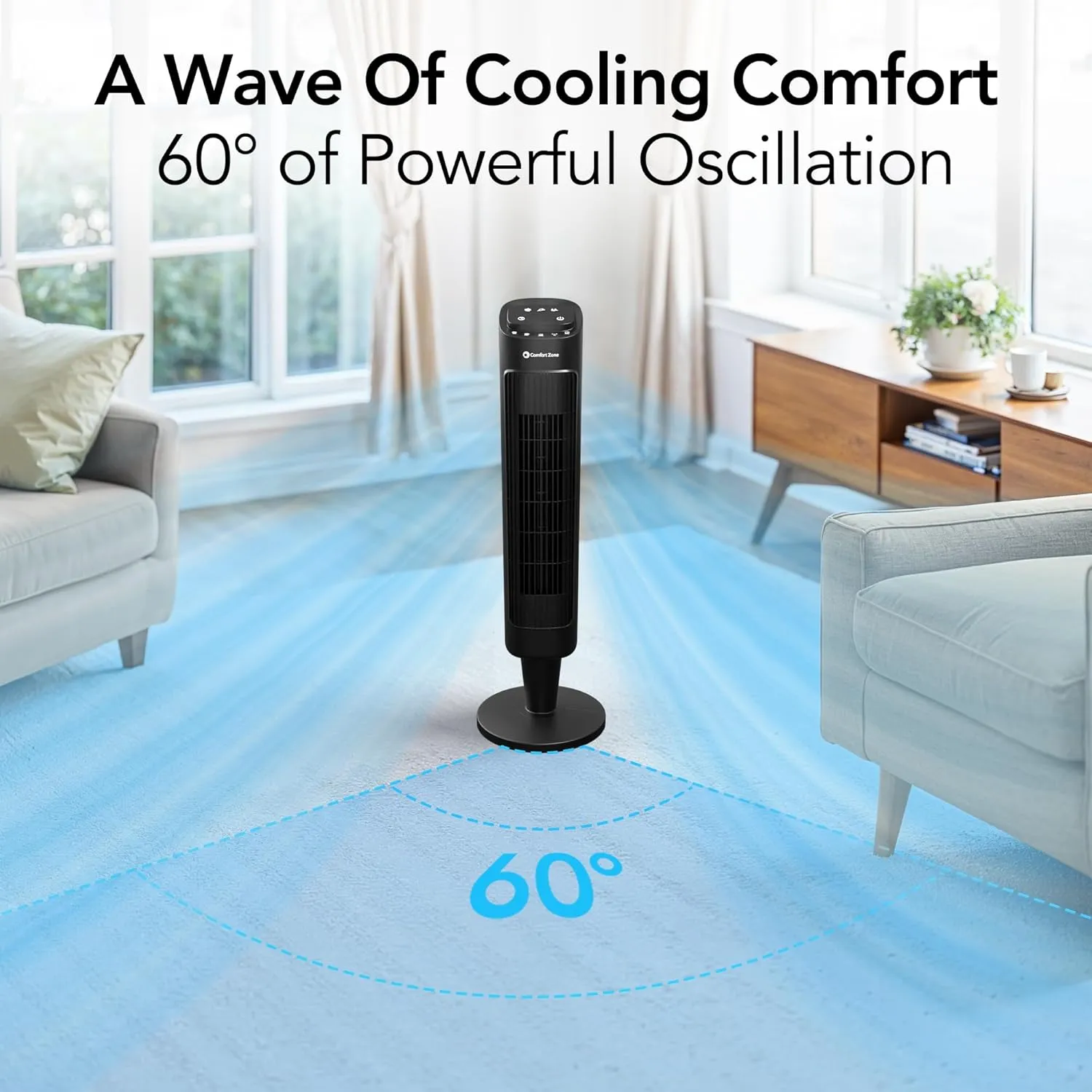 Comfort Zone 36 Tower Fan with Remote Control for Home, 60 Degree Oscillation, 3 Speeds, 12H Timer, Carry Handle, Black