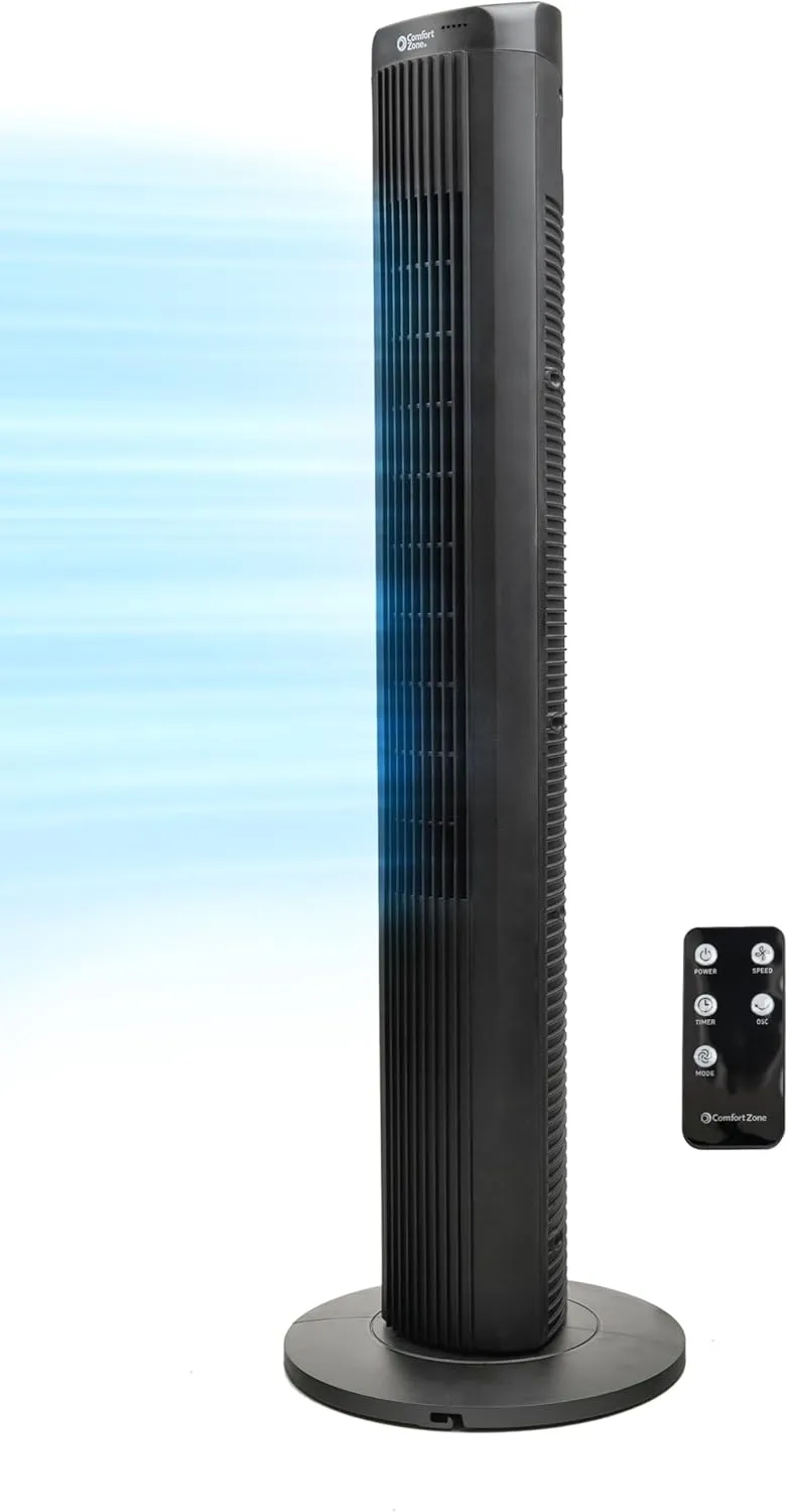 Comfort Zone 40" Oscillating Portable Tower Fan with Remote in Black floor fans with powerful circulation